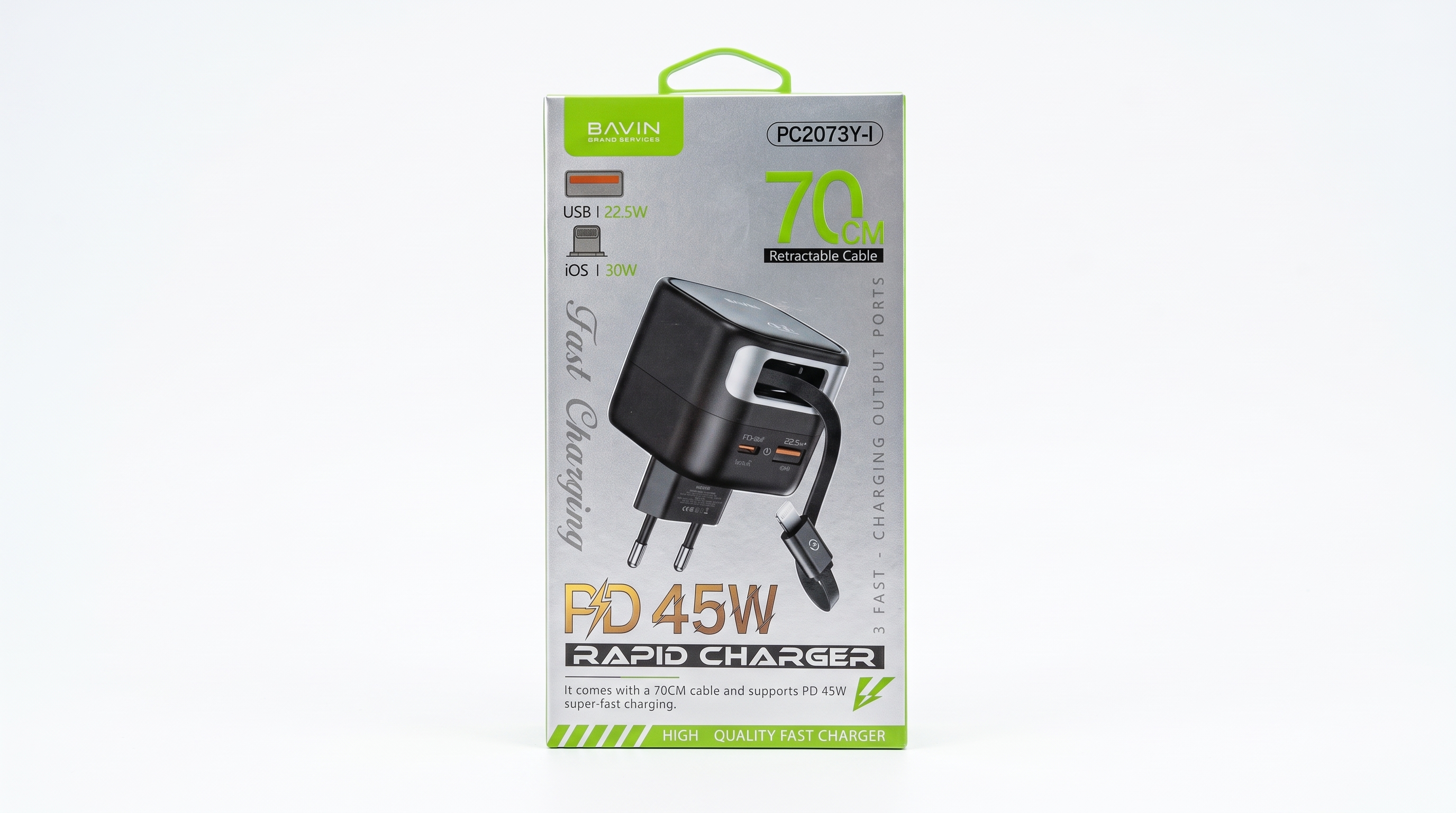 BAVIN PC2073Y-I PD 45W Rapid Charger with Retractable iOS Cable